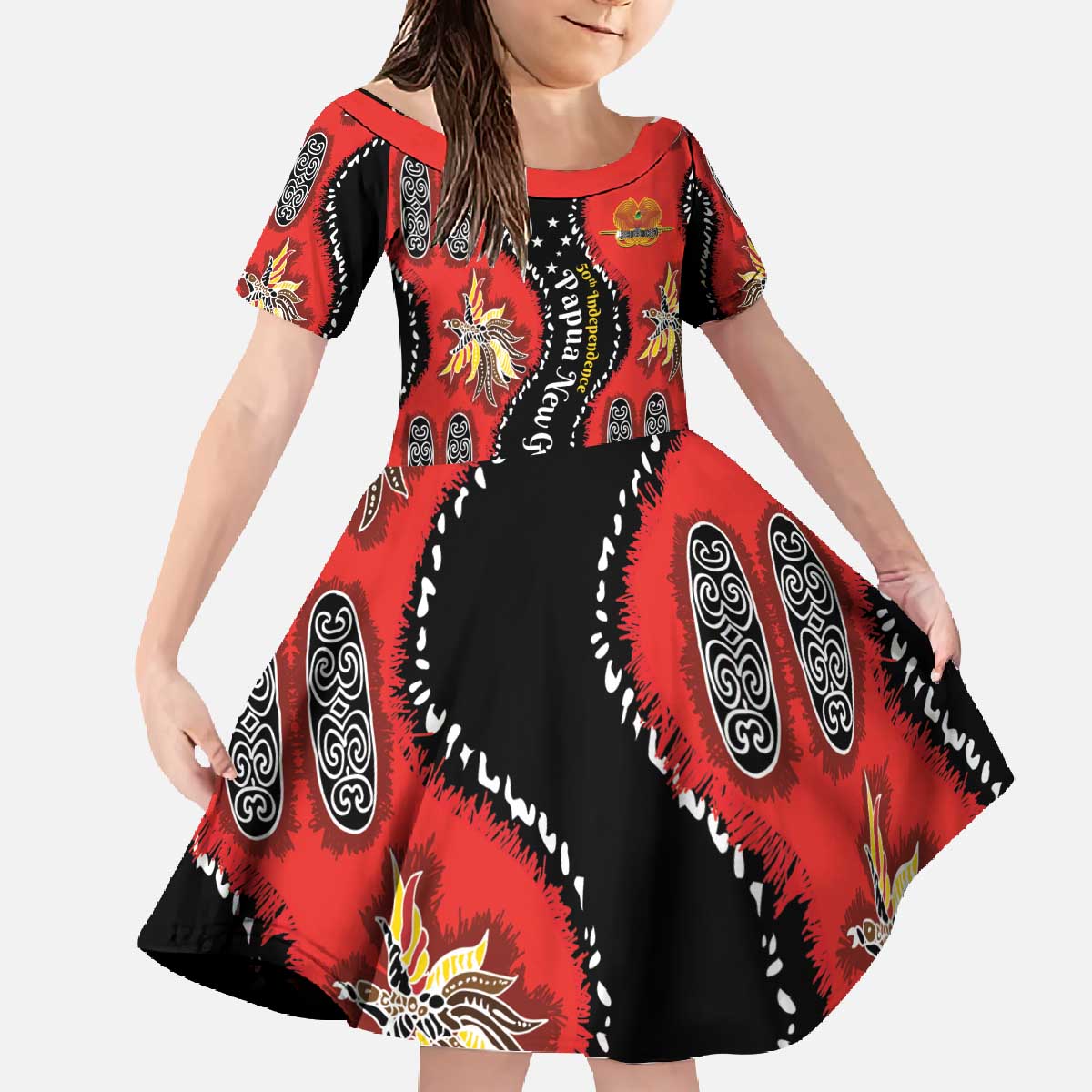 Papua New Guinea 50th Independence Family Matching Off The Shoulder Long Sleeve Dress and Hawaiian Shirt PNG Batik Pattern - Polynesian Pride
