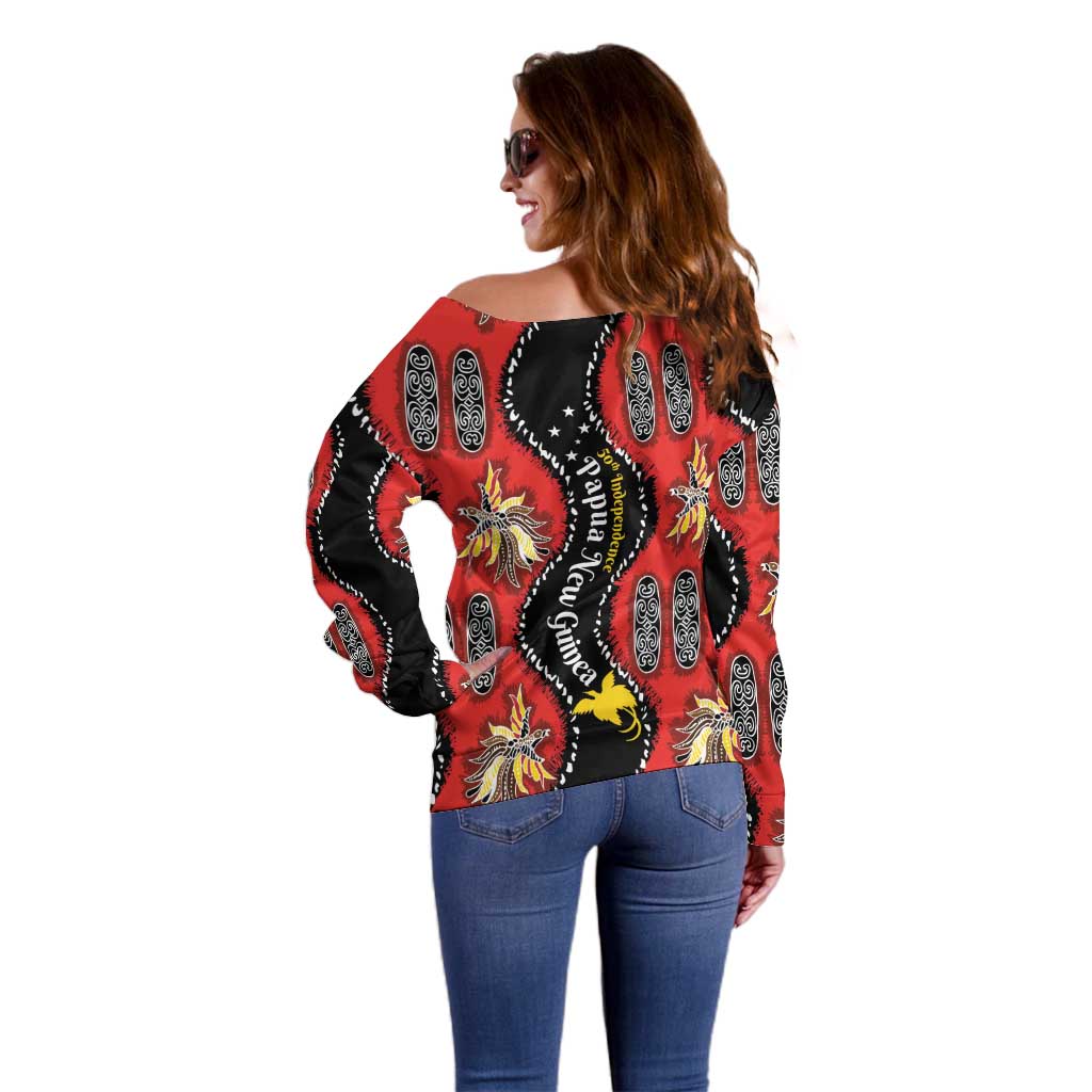 Papua New Guinea 50th Independence Off Shoulder Sweater PNG Batik Pattern - Polynesian Pride
