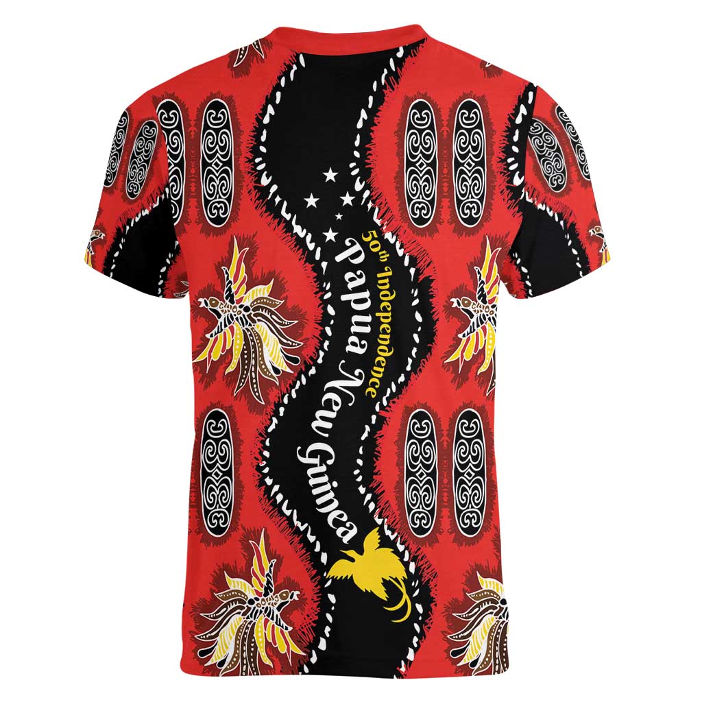 Papua New Guinea 50th Independence Women V-Neck T-Shirt PNG Batik Pattern - Polynesian Pride
