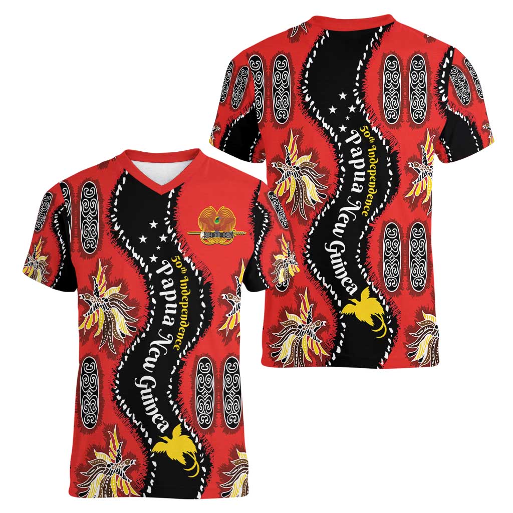 Papua New Guinea 50th Independence Women V-Neck T-Shirt PNG Batik Pattern - Polynesian Pride