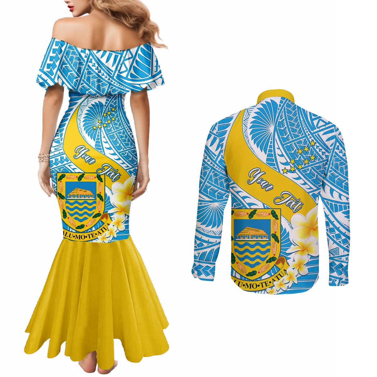 personalised-tuvalu-independence-day-couples-matching-mermaid-dress-and-long-sleeve-button-shirts-plumeria-45th-anniversary