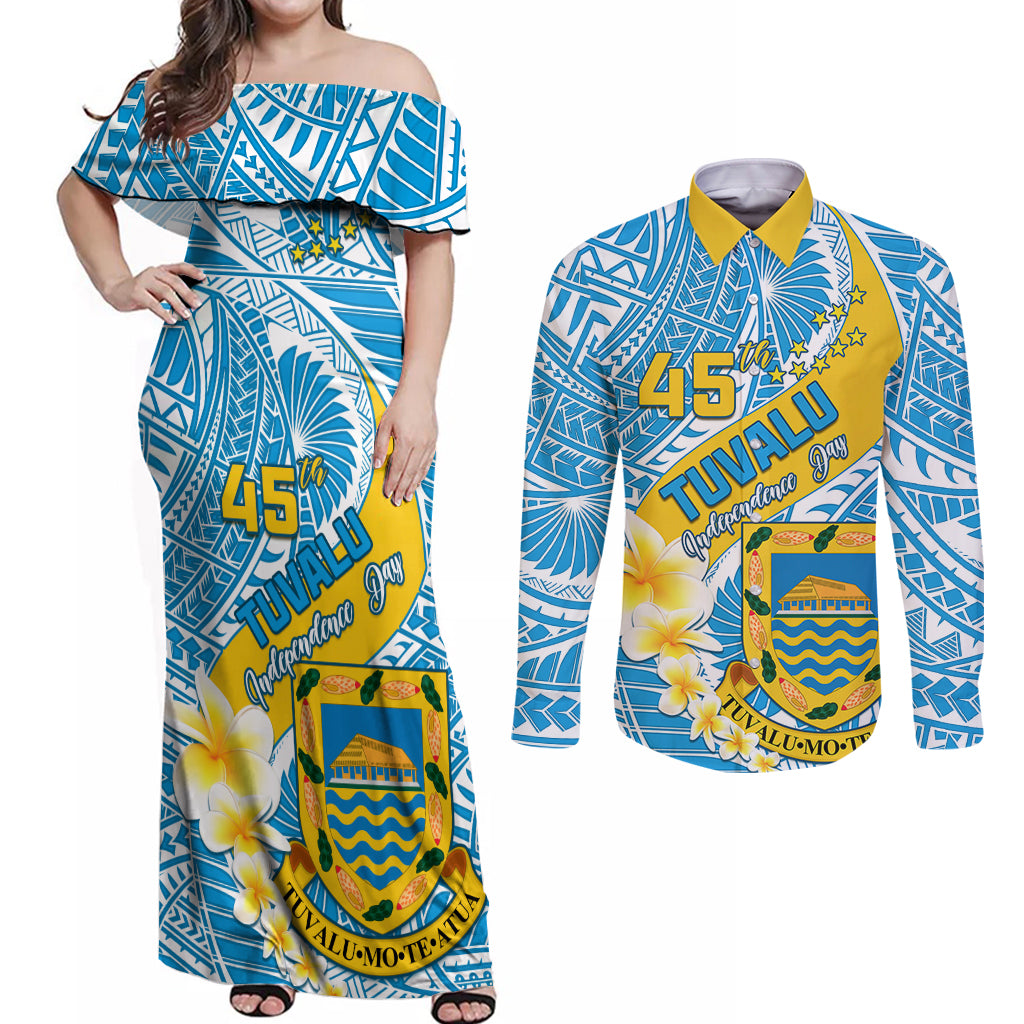 Personalised Tuvalu Independence Day Couples Matching Off Shoulder Maxi Dress and Long Sleeve Button Shirts Plumeria 45th Anniversary LT01 Blue - Polynesian Pride