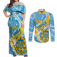 Personalised Tuvalu Independence Day Couples Matching Off Shoulder Maxi Dress and Long Sleeve Button Shirts Plumeria 45th Anniversary LT01 Blue - Polynesian Pride