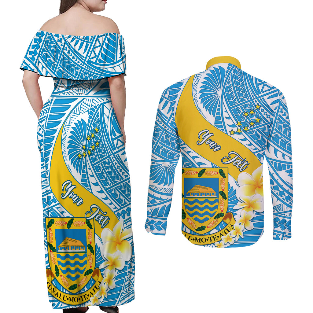 Personalised Tuvalu Independence Day Couples Matching Off Shoulder Maxi Dress and Long Sleeve Button Shirts Plumeria 45th Anniversary LT01 - Polynesian Pride