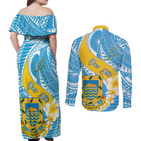 Personalised Tuvalu Independence Day Couples Matching Off Shoulder Maxi Dress and Long Sleeve Button Shirts Plumeria 45th Anniversary LT01 - Polynesian Pride