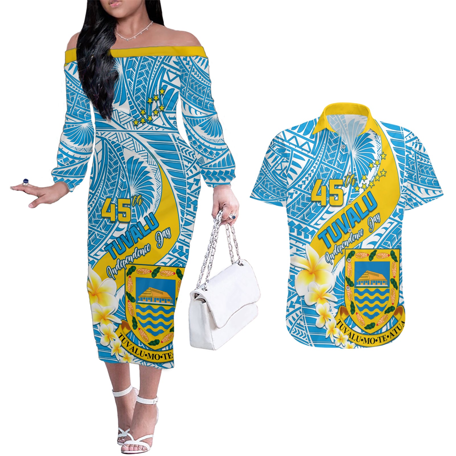 personalised-tuvalu-independence-day-couples-matching-off-the-shoulder-long-sleeve-dress-and-hawaiian-shirt-plumeria-45th-anniversary
