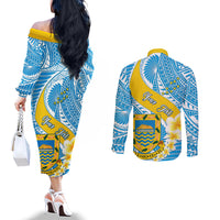 personalised-tuvalu-independence-day-couples-matching-off-the-shoulder-long-sleeve-dress-and-long-sleeve-button-shirts-plumeria-45th-anniversary