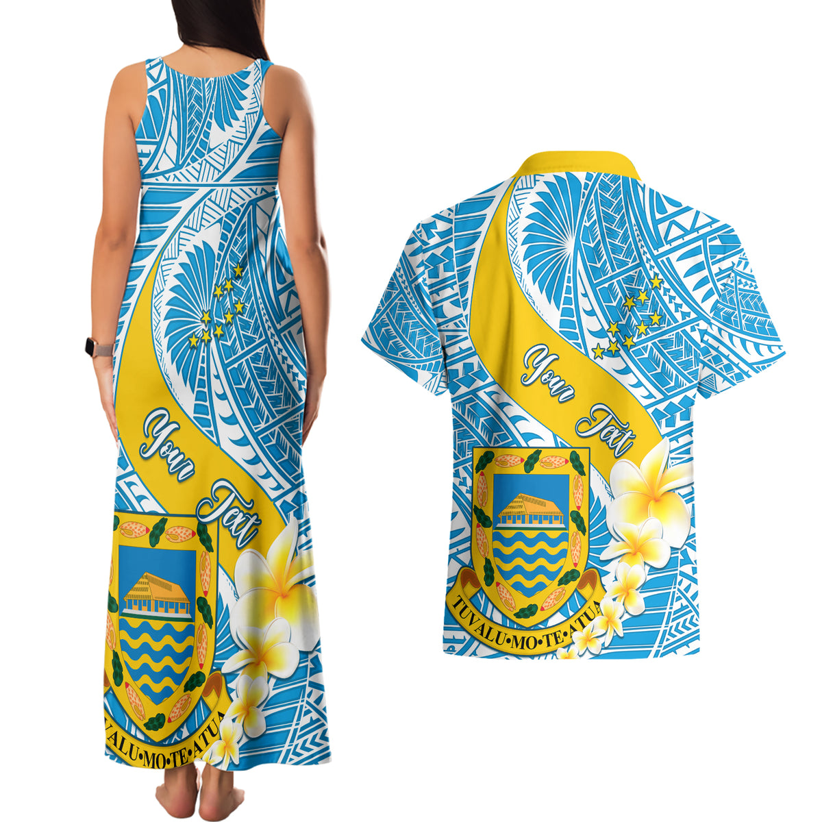 personalised-tuvalu-independence-day-couples-matching-tank-maxi-dress-and-hawaiian-shirt-plumeria-45th-anniversary