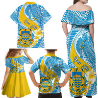 personalised-tuvalu-independence-day-family-matching-off-shoulder-long-sleeve-dress-and-hawaiian-shirt-plumeria-45th-anniversary