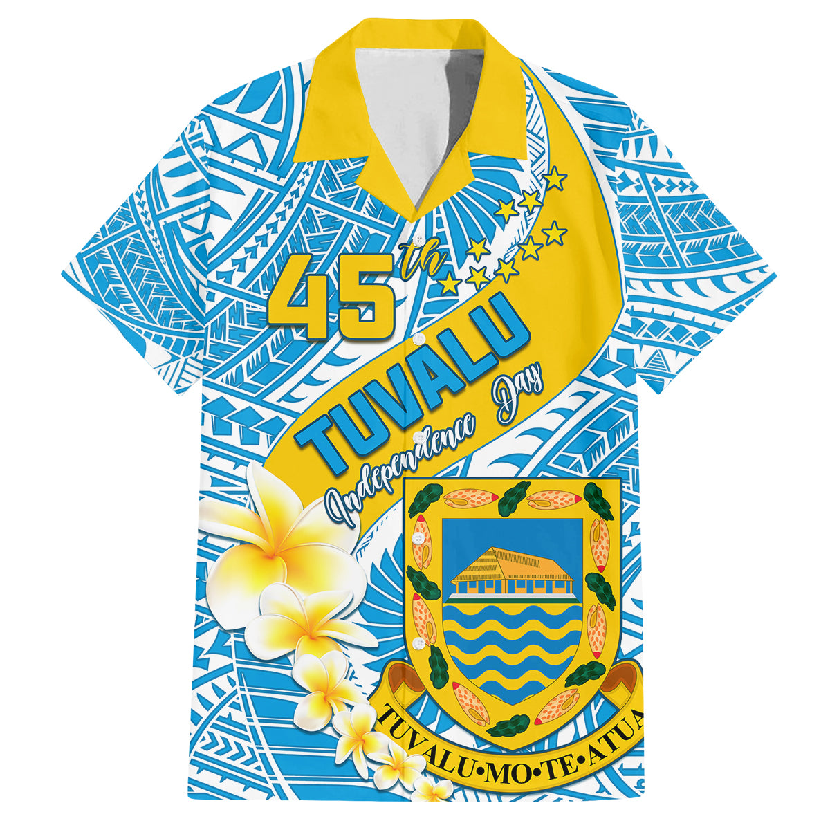 personalised-tuvalu-independence-day-family-matching-off-shoulder-long-sleeve-dress-and-hawaiian-shirt-plumeria-45th-anniversary