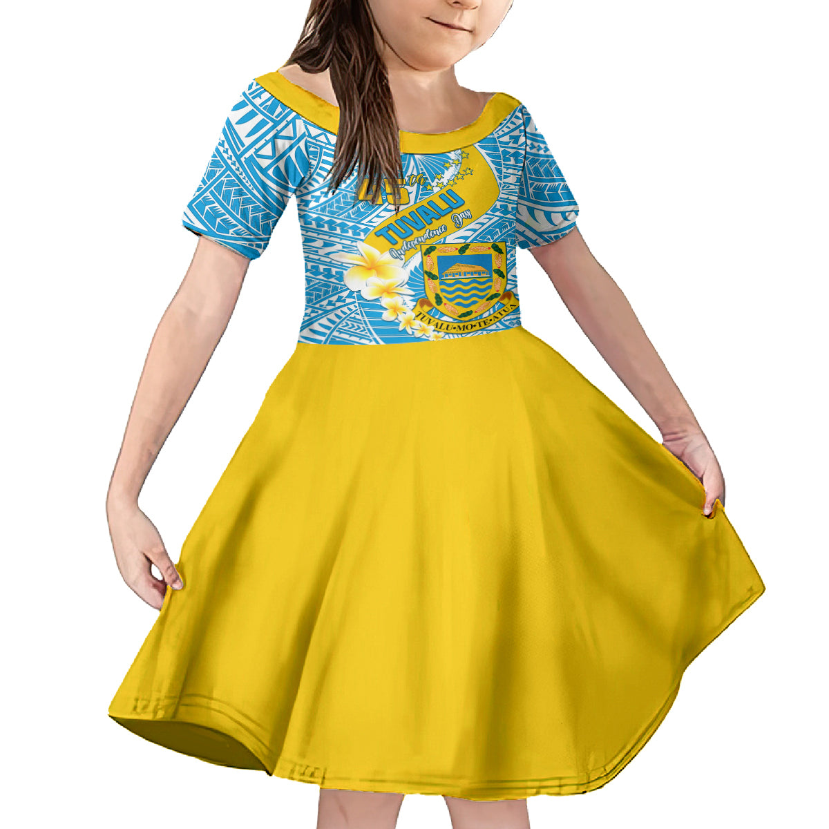 personalised-tuvalu-independence-day-family-matching-off-shoulder-short-dress-and-hawaiian-shirt-plumeria-45th-anniversary