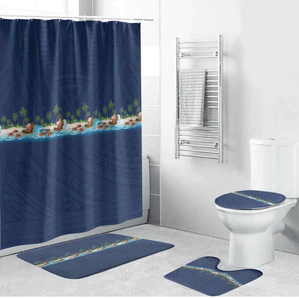 Hawaii Santa Riding Sea Turtle Bathroom Set Mele Kalikimaka Polynesian Pattern LT01 Bathroom Set (4 pcs) Blue - Polynesian Pride