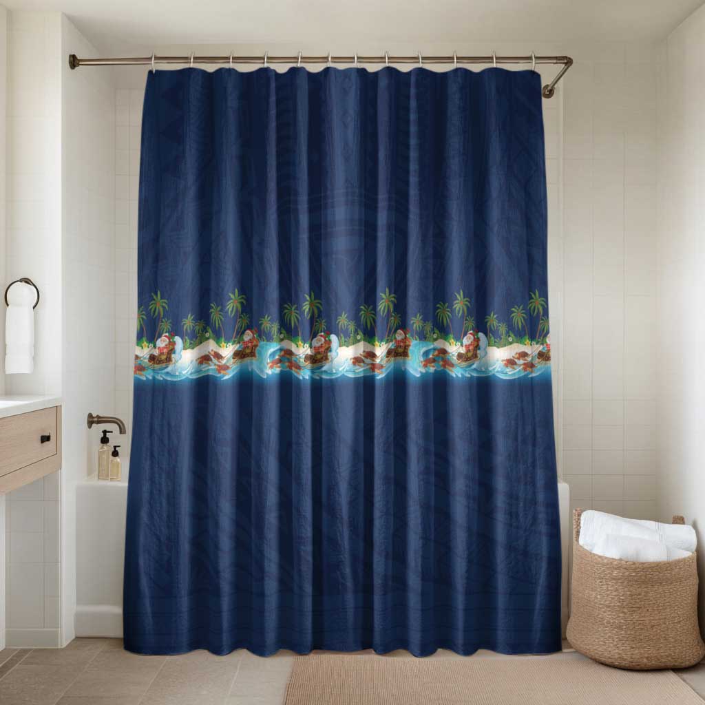 Hawaii Santa Riding Sea Turtle Bathroom Set Mele Kalikimaka Polynesian Pattern LT01 Shower Curtain Only Blue - Polynesian Pride