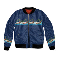 Hawaii Santa Riding Sea Turtle Bomber Jacket Mele Kalikimaka Polynesian Pattern LT01 Unisex Blue - Polynesian Pride