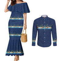 Hawaii Santa Riding Sea Turtle Couples Matching Mermaid Dress and Long Sleeve Button Shirt Mele Kalikimaka Polynesian Pattern - Polynesian Pride