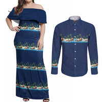 Hawaii Santa Riding Sea Turtle Couples Matching Off Shoulder Maxi Dress and Long Sleeve Button Shirt Mele Kalikimaka Polynesian Pattern LT01 Blue - Polynesian Pride