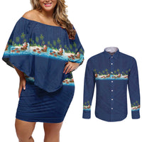 Hawaii Santa Riding Sea Turtle Couples Matching Off Shoulder Short Dress and Long Sleeve Button Shirt Mele Kalikimaka Polynesian Pattern LT01 Blue - Polynesian Pride