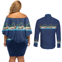 Hawaii Santa Riding Sea Turtle Couples Matching Off Shoulder Short Dress and Long Sleeve Button Shirt Mele Kalikimaka Polynesian Pattern LT01 - Polynesian Pride