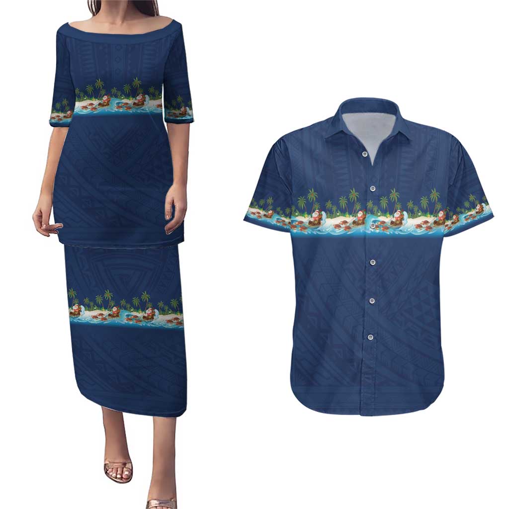 Hawaii Santa Riding Sea Turtle Couples Matching Puletasi and Hawaiian Shirt Mele Kalikimaka Polynesian Pattern - Polynesian Pride