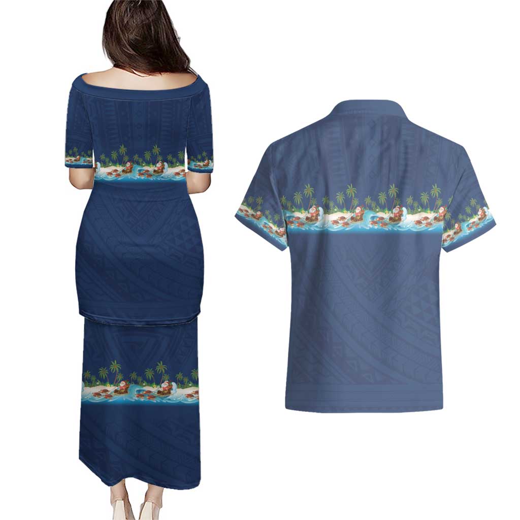 Hawaii Santa Riding Sea Turtle Couples Matching Puletasi and Hawaiian Shirt Mele Kalikimaka Polynesian Pattern LT01 - Polynesian Pride