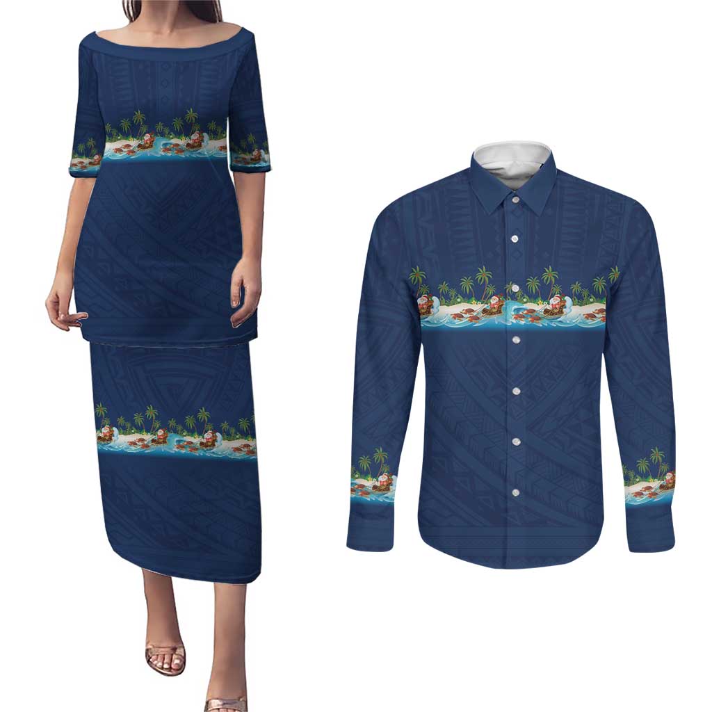 Hawaii Santa Riding Sea Turtle Couples Matching Puletasi and Long Sleeve Button Shirt Mele Kalikimaka Polynesian Pattern LT01 Blue - Polynesian Pride