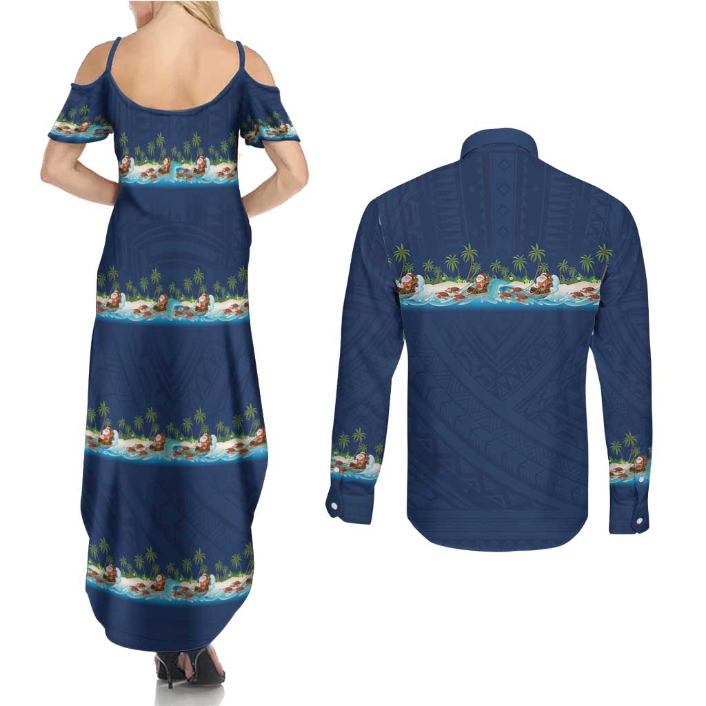 Hawaii Santa Riding Sea Turtle Couples Matching Summer Maxi Dress and Long Sleeve Button Shirt Mele Kalikimaka Polynesian Pattern LT01 - Polynesian Pride