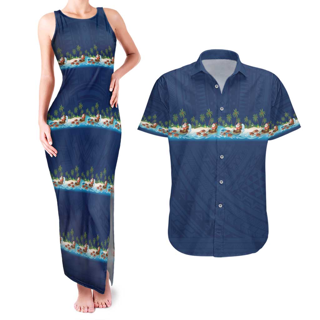 Hawaii Santa Riding Sea Turtle Couples Matching Tank Maxi Dress and Hawaiian Shirt Mele Kalikimaka Polynesian Pattern - Polynesian Pride