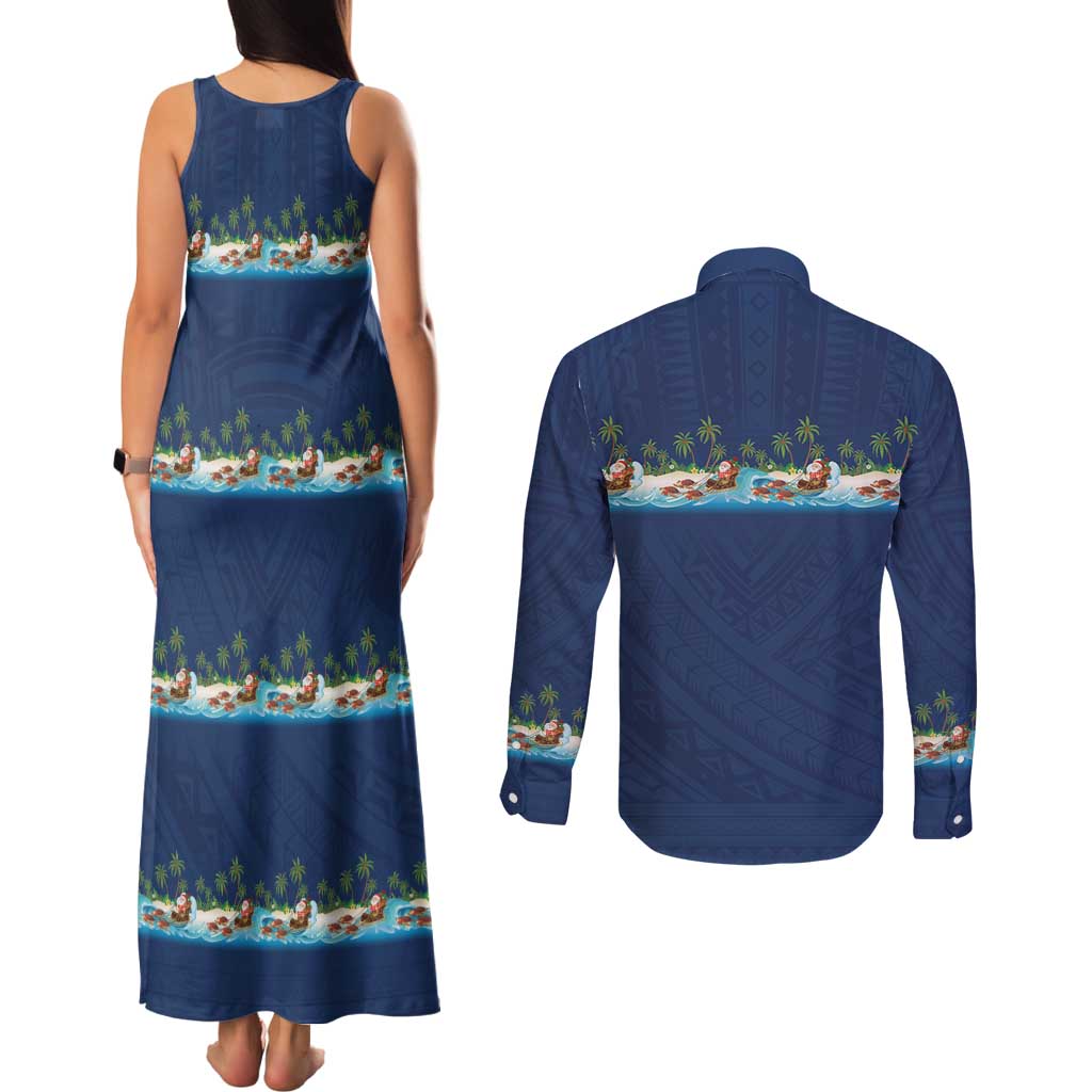 Hawaii Santa Riding Sea Turtle Couples Matching Tank Maxi Dress and Long Sleeve Button Shirt Mele Kalikimaka Polynesian Pattern - Polynesian Pride