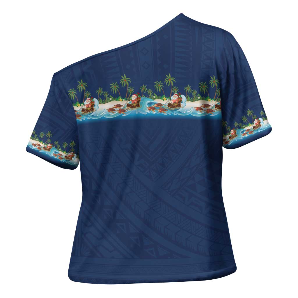 Hawaii Santa Riding Sea Turtle Cross Shoulder Shirt Mele Kalikimaka Polynesian Pattern - Polynesian Pride