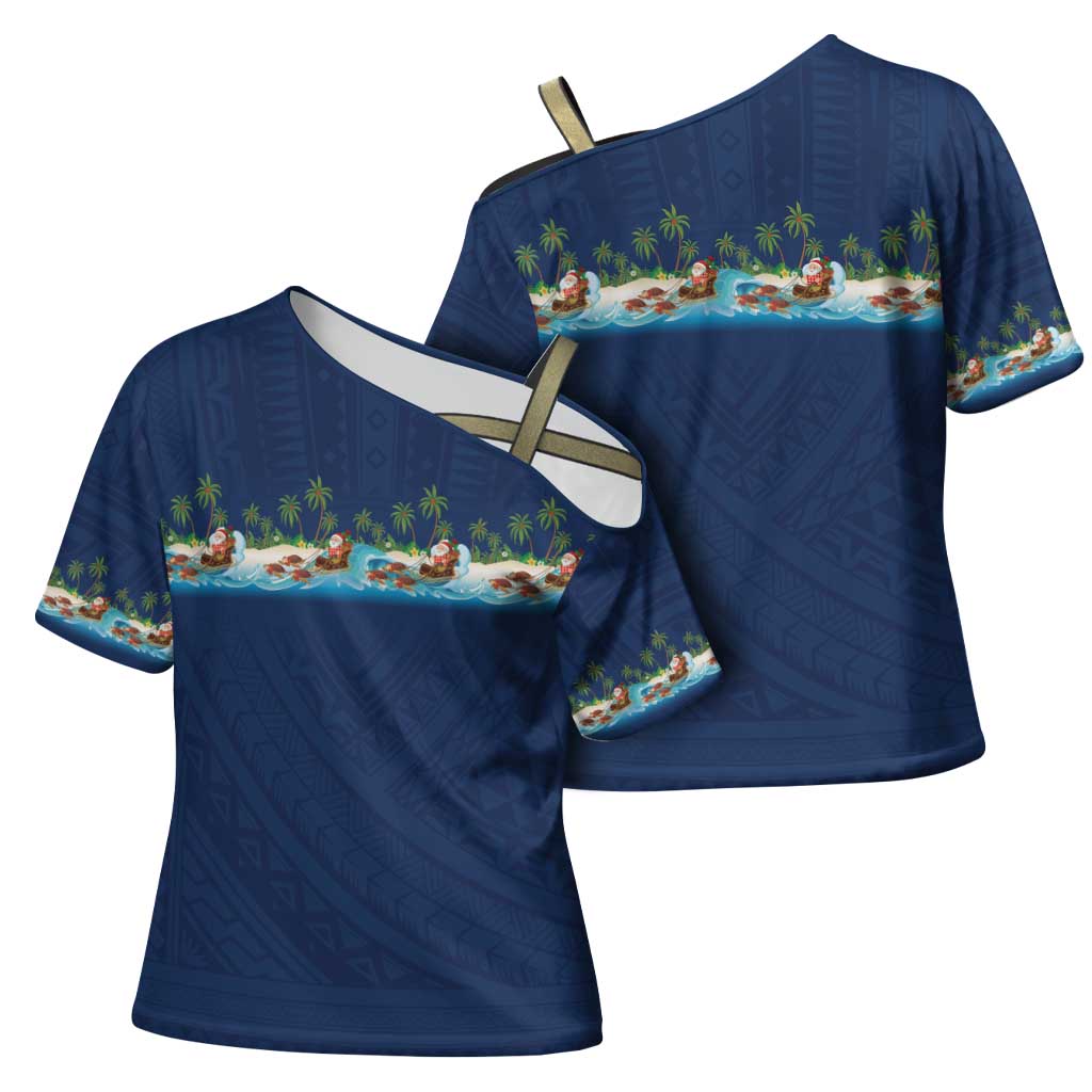 Hawaii Santa Riding Sea Turtle Cross Shoulder Shirt Mele Kalikimaka Polynesian Pattern - Polynesian Pride