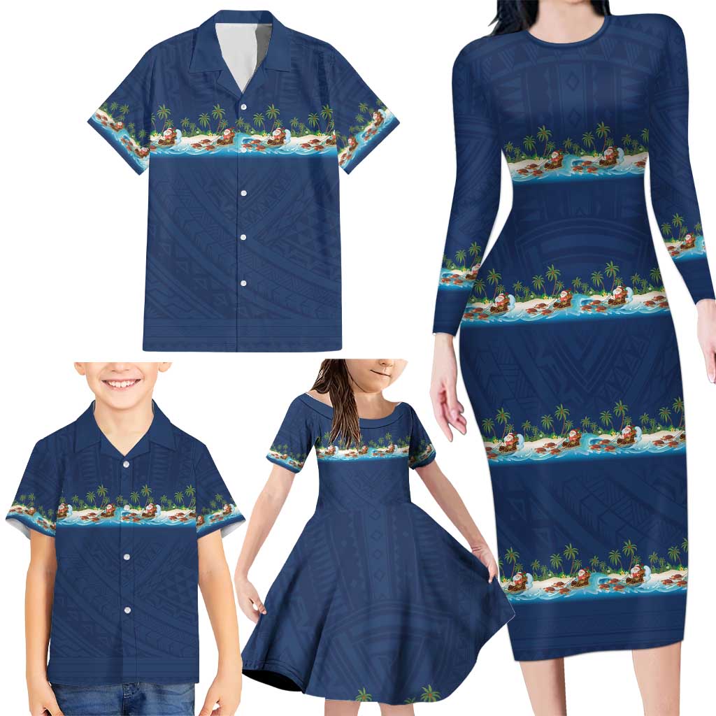 Hawaii Santa Riding Sea Turtle Family Matching Long Sleeve Bodycon Dress and Hawaiian Shirt Mele Kalikimaka Polynesian Pattern - Polynesian Pride