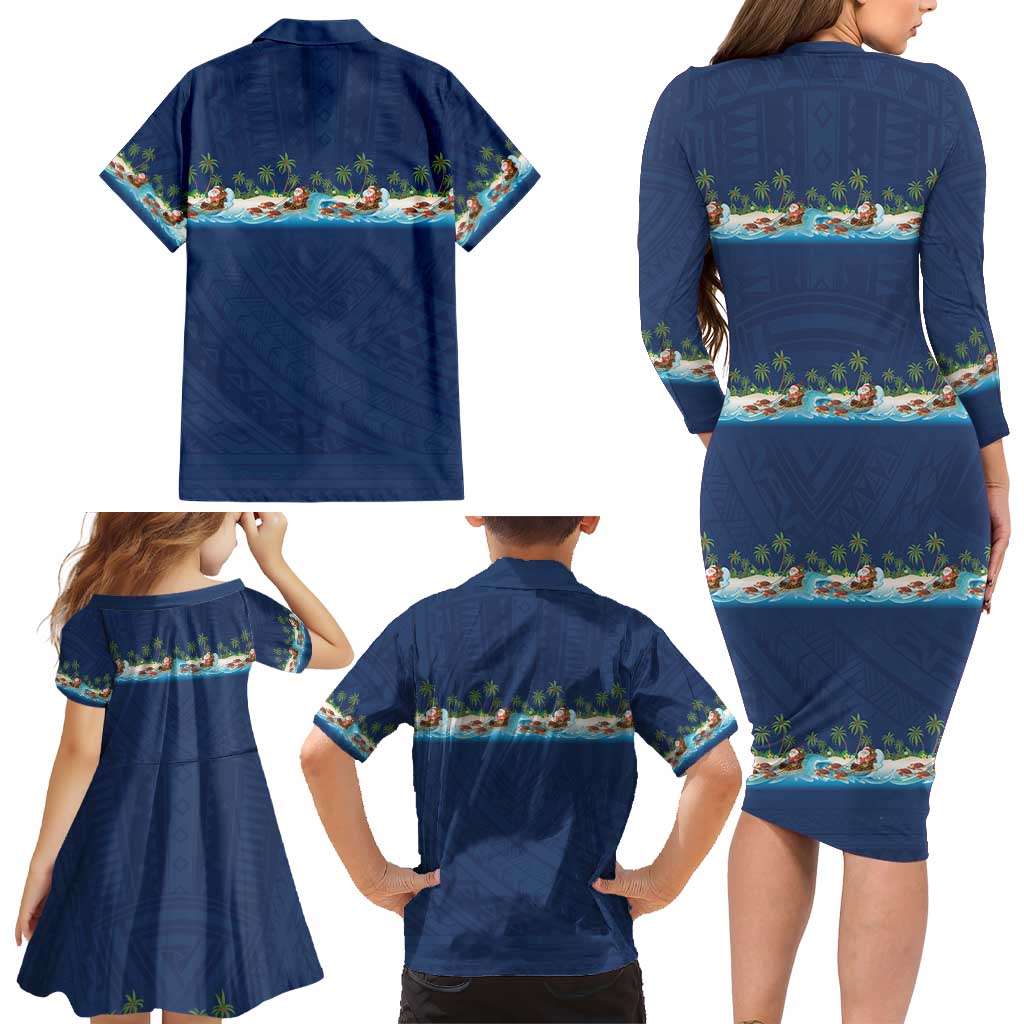 Hawaii Santa Riding Sea Turtle Family Matching Long Sleeve Bodycon Dress and Hawaiian Shirt Mele Kalikimaka Polynesian Pattern - Polynesian Pride
