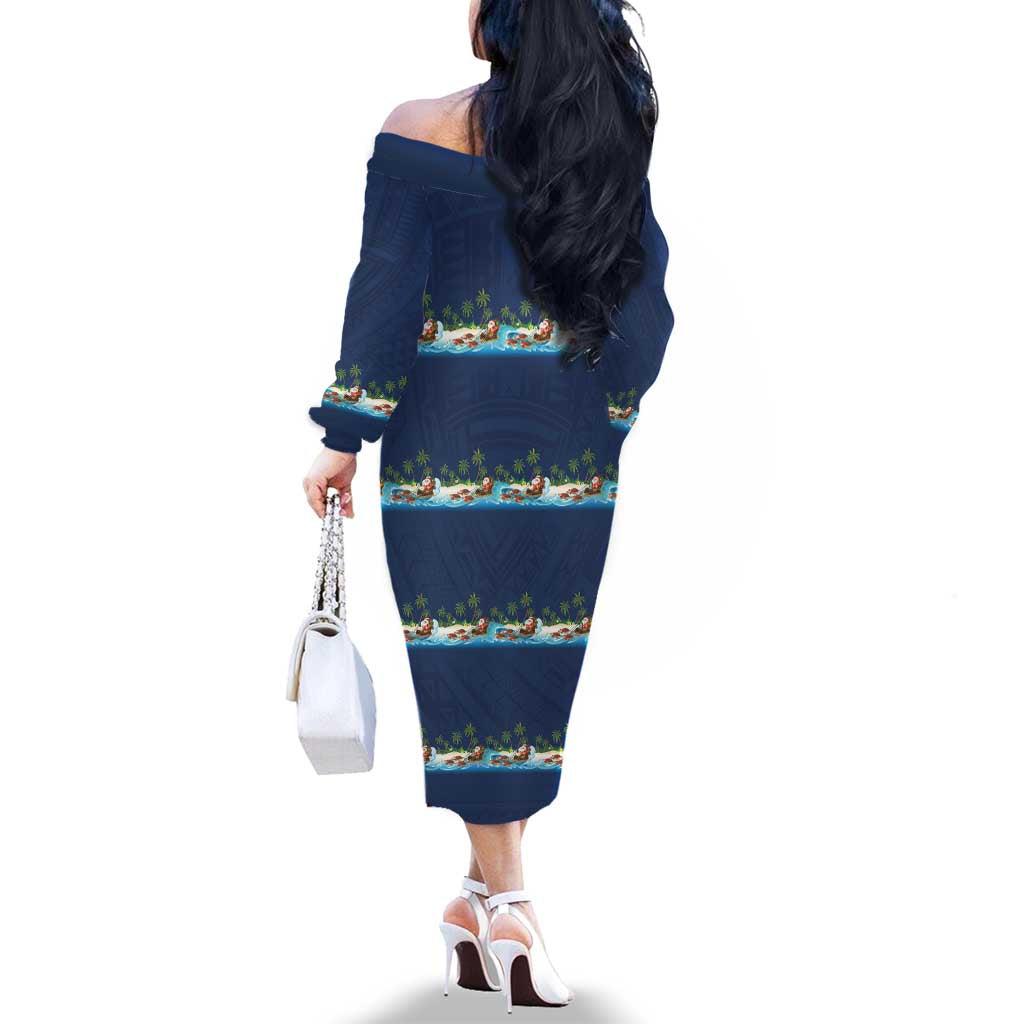 Hawaii Santa Riding Sea Turtle Family Matching Off The Shoulder Long Sleeve Dress and Hawaiian Shirt Mele Kalikimaka Polynesian Pattern - Polynesian Pride