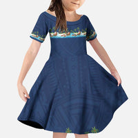 Hawaii Santa Riding Sea Turtle Family Matching Puletasi and Hawaiian Shirt Mele Kalikimaka Polynesian Pattern LT01 Daughter's Dress Blue - Polynesian Pride