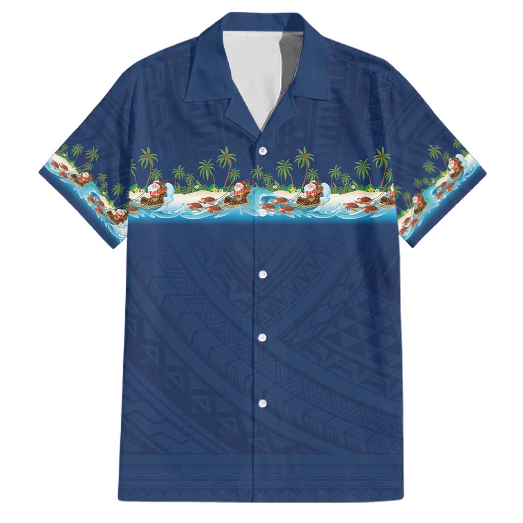 Hawaii Santa Riding Sea Turtle Family Matching Puletasi and Hawaiian Shirt Mele Kalikimaka Polynesian Pattern LT01 Dad's Shirt - Short Sleeve Blue - Polynesian Pride