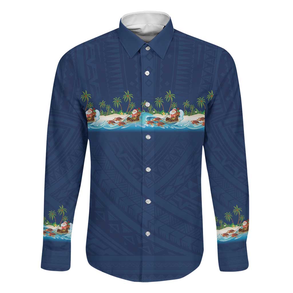 Hawaii Santa Riding Sea Turtle Family Matching Puletasi and Hawaiian Shirt Mele Kalikimaka Polynesian Pattern LT01 Dad's Shirt - Long Sleeve Blue - Polynesian Pride