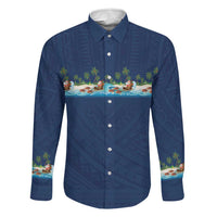 Hawaii Santa Riding Sea Turtle Family Matching Puletasi and Hawaiian Shirt Mele Kalikimaka Polynesian Pattern LT01 Dad's Shirt - Long Sleeve Blue - Polynesian Pride