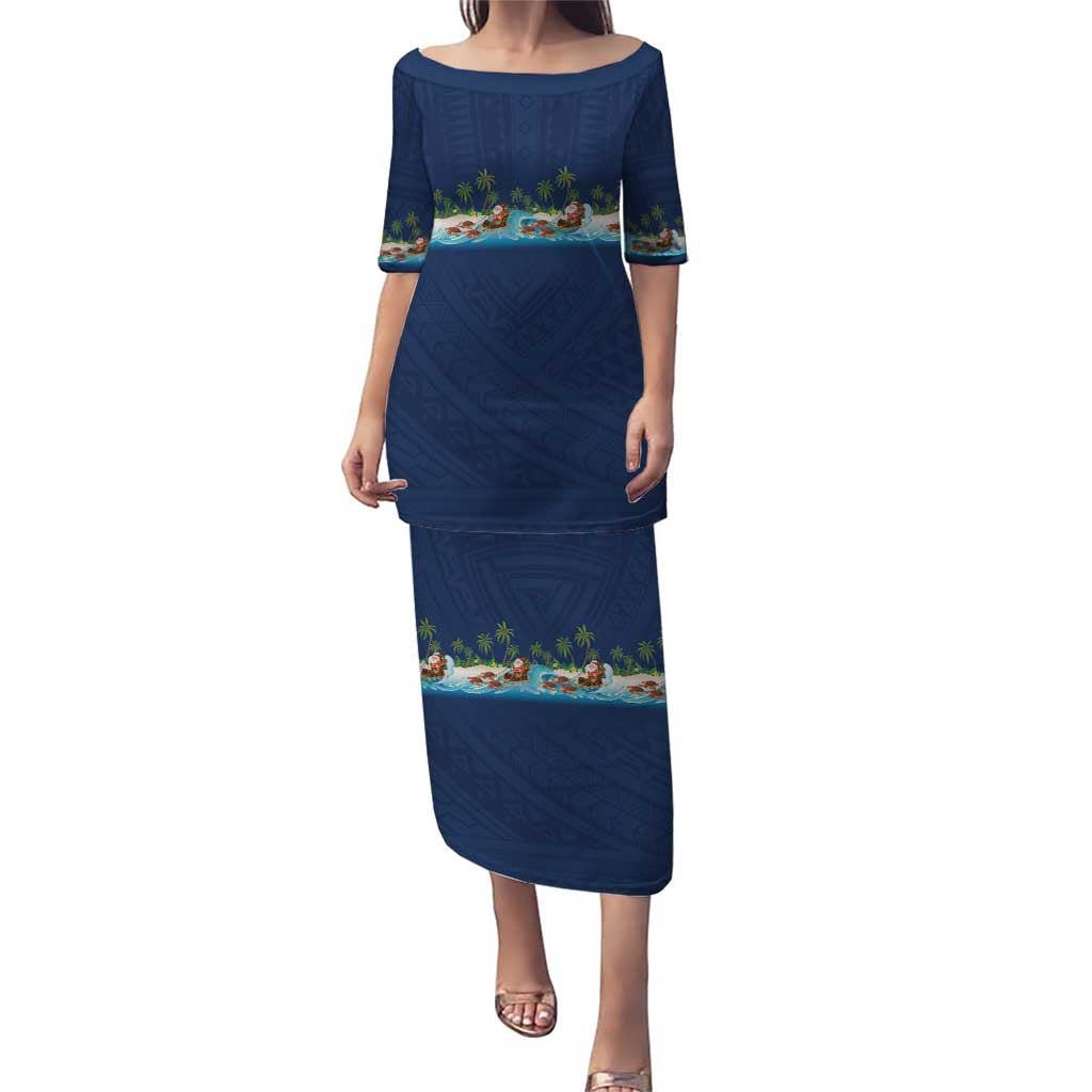 Hawaii Santa Riding Sea Turtle Family Matching Puletasi and Hawaiian Shirt Mele Kalikimaka Polynesian Pattern LT01 Mom's Dress Blue - Polynesian Pride