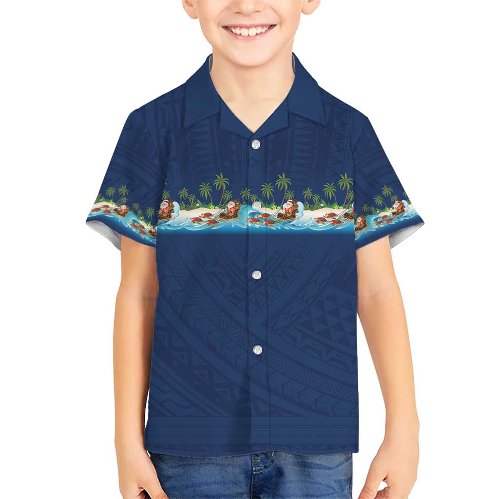Hawaii Santa Riding Sea Turtle Family Matching Puletasi and Hawaiian Shirt Mele Kalikimaka Polynesian Pattern LT01 Son's Shirt Blue - Polynesian Pride