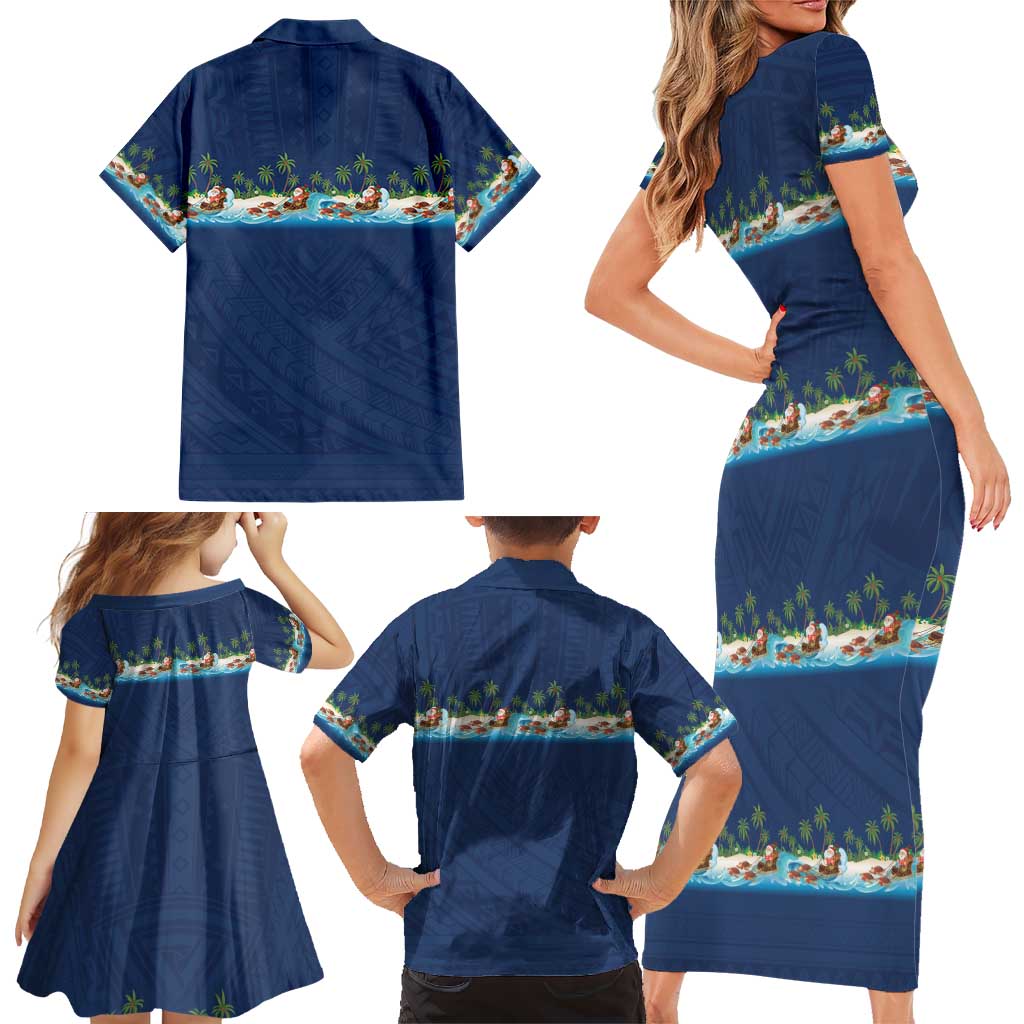 Hawaii Santa Riding Sea Turtle Family Matching Short Sleeve Bodycon Dress and Hawaiian Shirt Mele Kalikimaka Polynesian Pattern - Polynesian Pride