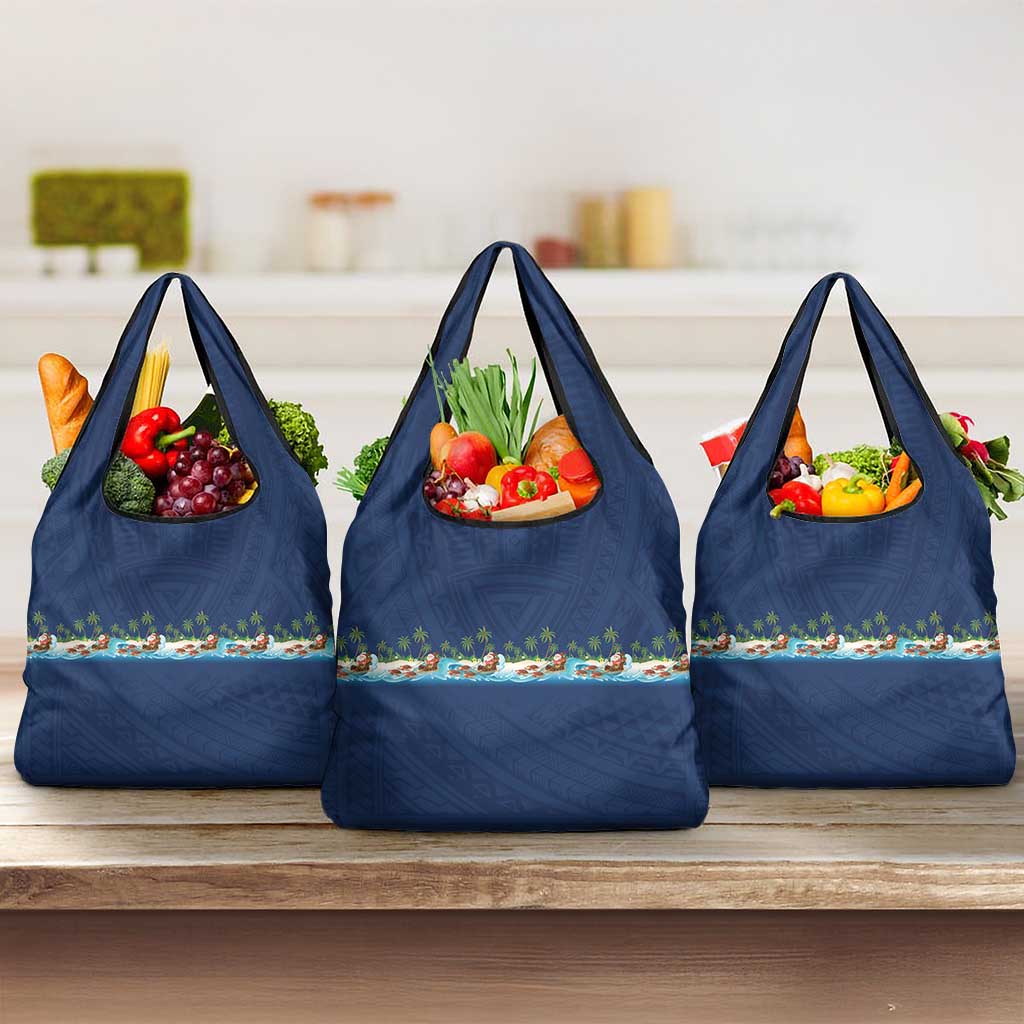 Hawaii Santa Riding Sea Turtle Grocery Bag Mele Kalikimaka Polynesian Pattern LT01 3-pack One Size Blue - Polynesian Pride