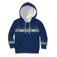 Hawaii Santa Riding Sea Turtle Kid Hoodie Mele Kalikimaka Polynesian Pattern LT01 Hoodie Blue - Polynesian Pride