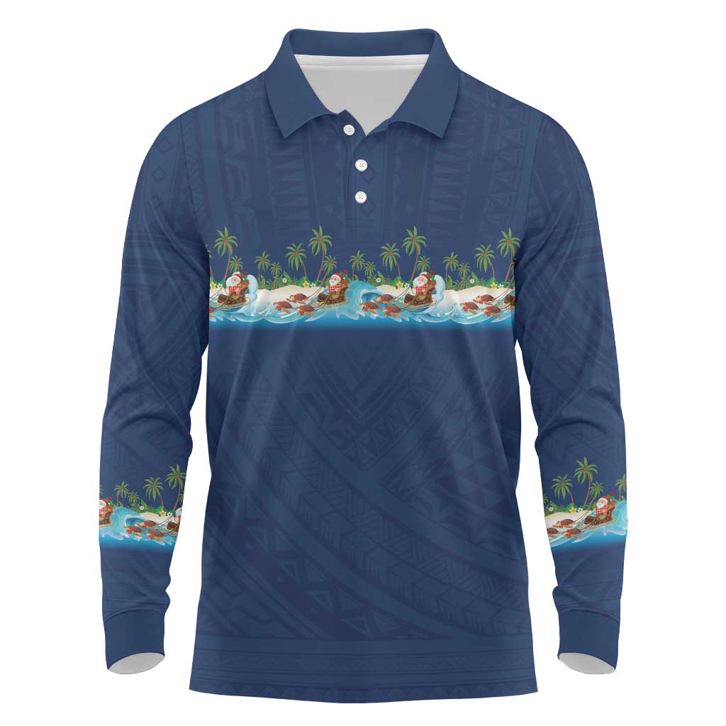 Hawaii Santa Riding Sea Turtle Long Sleeve Polo Shirt Mele Kalikimaka Polynesian Pattern LT01 Blue - Polynesian Pride