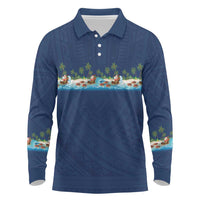 Hawaii Santa Riding Sea Turtle Long Sleeve Polo Shirt Mele Kalikimaka Polynesian Pattern LT01 Blue - Polynesian Pride