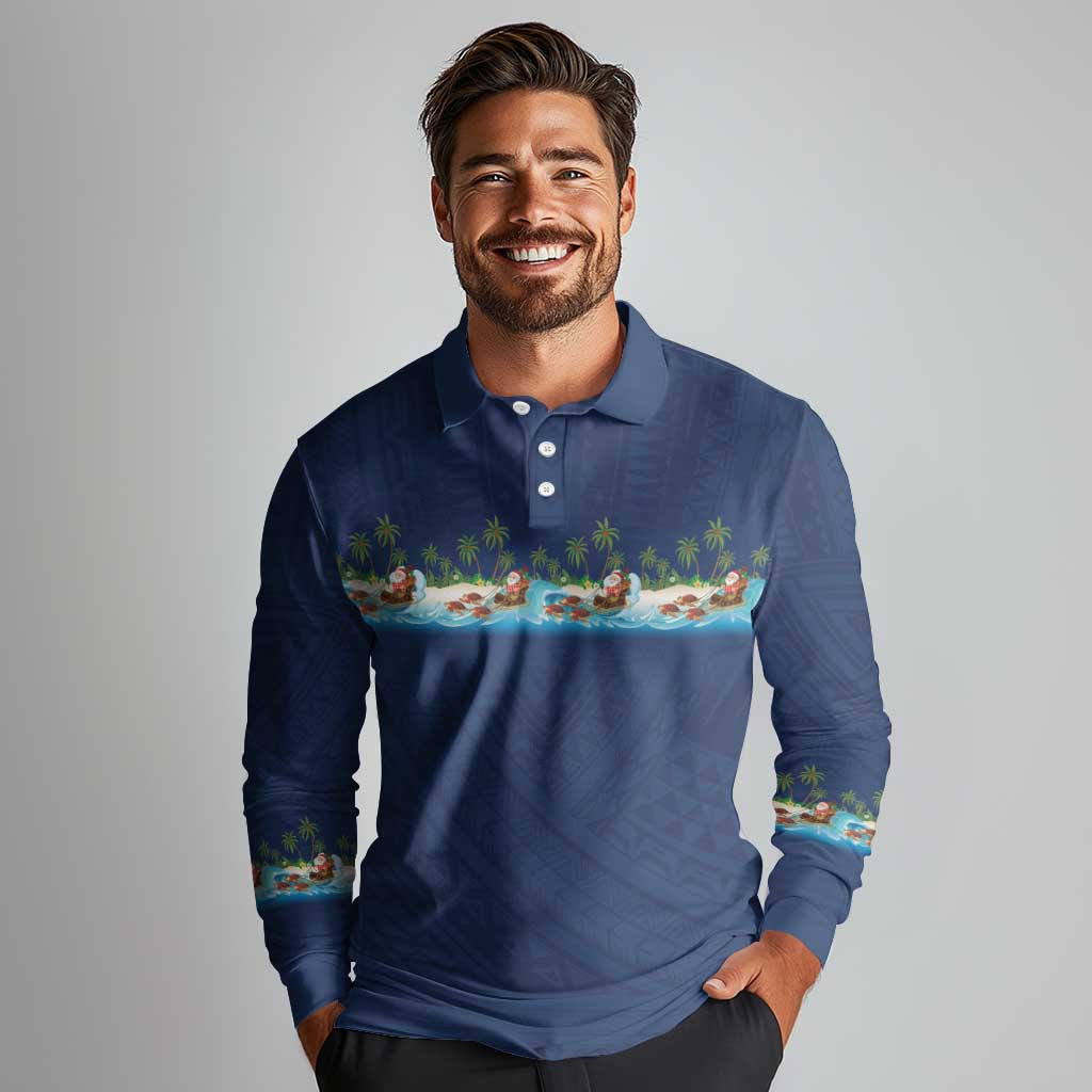 Hawaii Santa Riding Sea Turtle Long Sleeve Polo Shirt Mele Kalikimaka Polynesian Pattern LT01 - Polynesian Pride