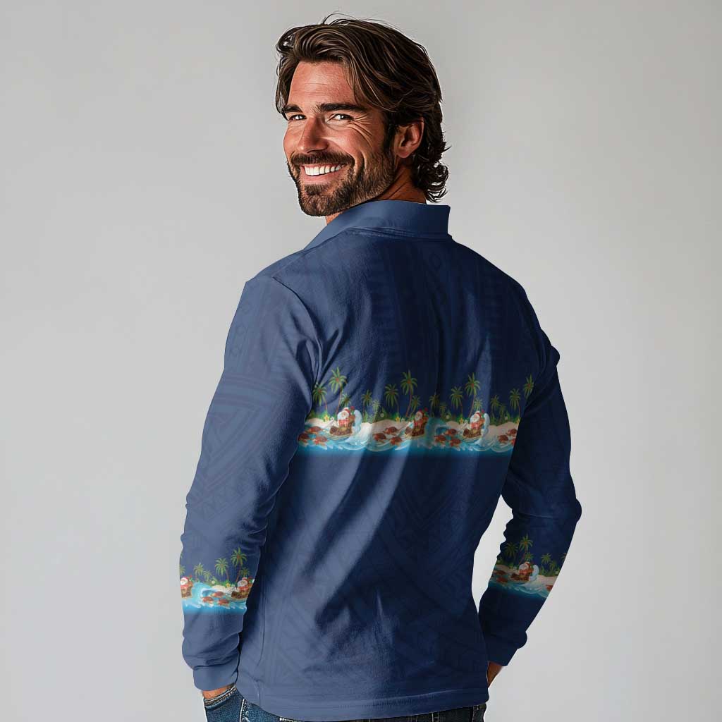 Hawaii Santa Riding Sea Turtle Long Sleeve Polo Shirt Mele Kalikimaka Polynesian Pattern LT01 - Polynesian Pride