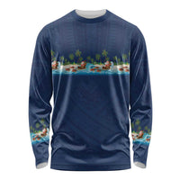 Hawaii Santa Riding Sea Turtle Long Sleeve Shirt Mele Kalikimaka Polynesian Pattern LT01 Unisex Blue - Polynesian Pride