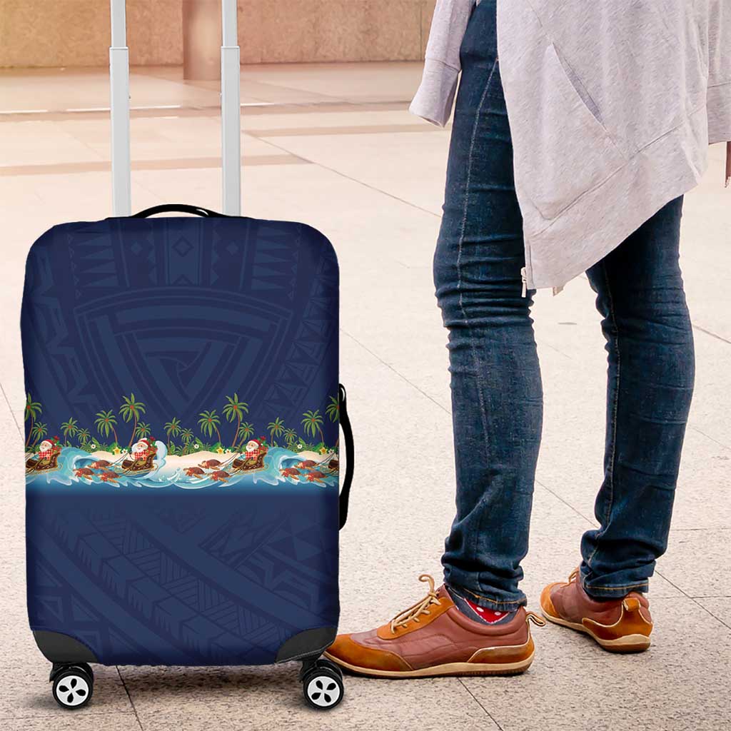 Hawaii Santa Riding Sea Turtle Luggage Cover Mele Kalikimaka Polynesian Pattern LT01 Blue - Polynesian Pride