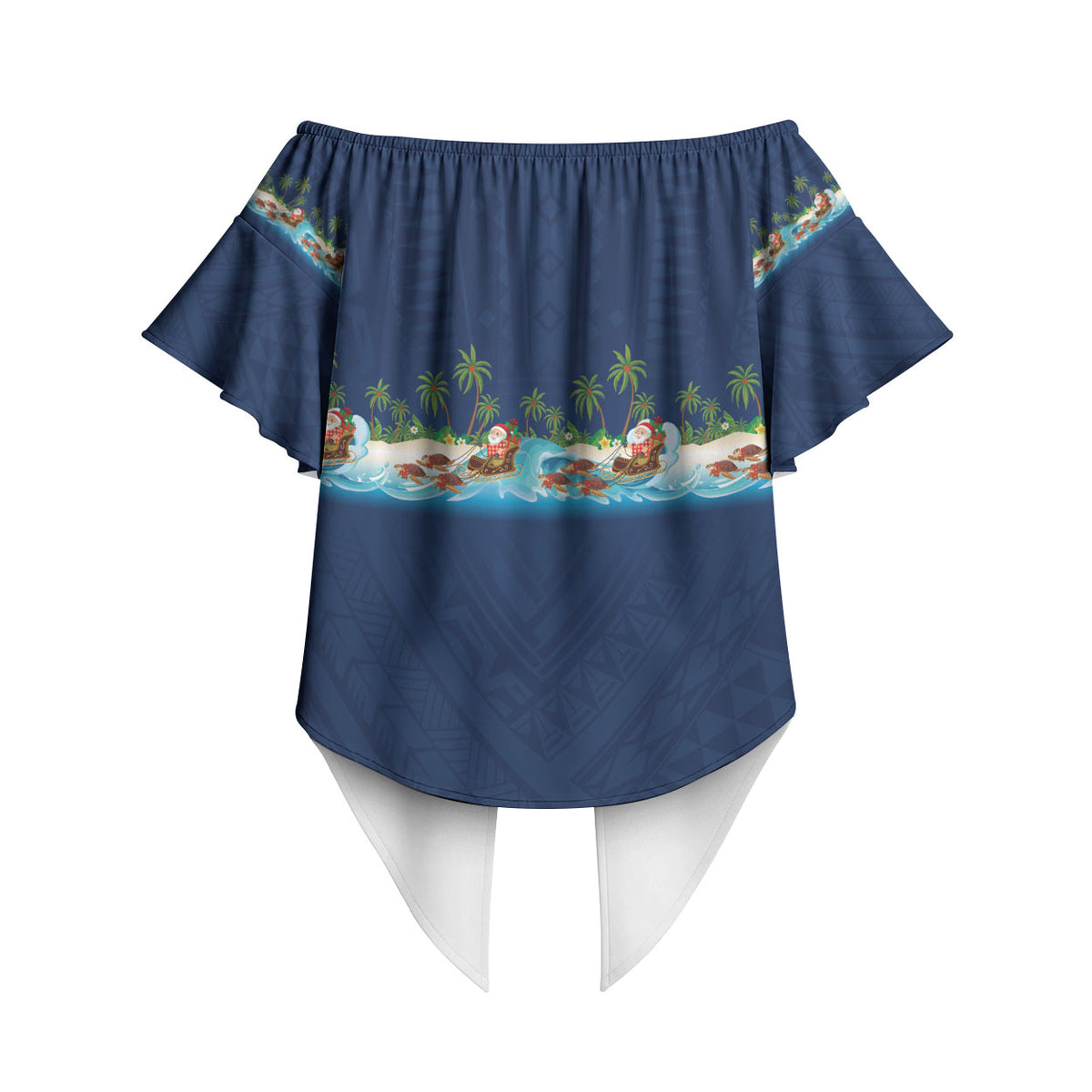 Hawaii Santa Riding Sea Turtle Off Shoulder Wrap Waist Top Mele Kalikimaka Polynesian Pattern LT01 - Polynesian Pride