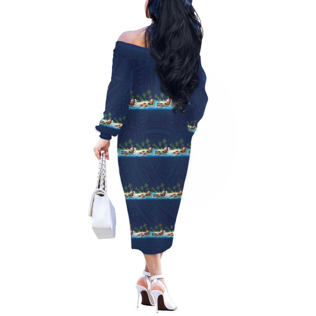 Hawaii Santa Riding Sea Turtle Off The Shoulder Long Sleeve Dress Mele Kalikimaka Polynesian Pattern LT01 - Polynesian Pride